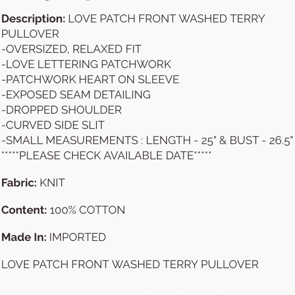 108 πΊπΈ EASEL LOVE PATCH FRONT WASHED TERRY PULLOVER - Picture 5 of 5